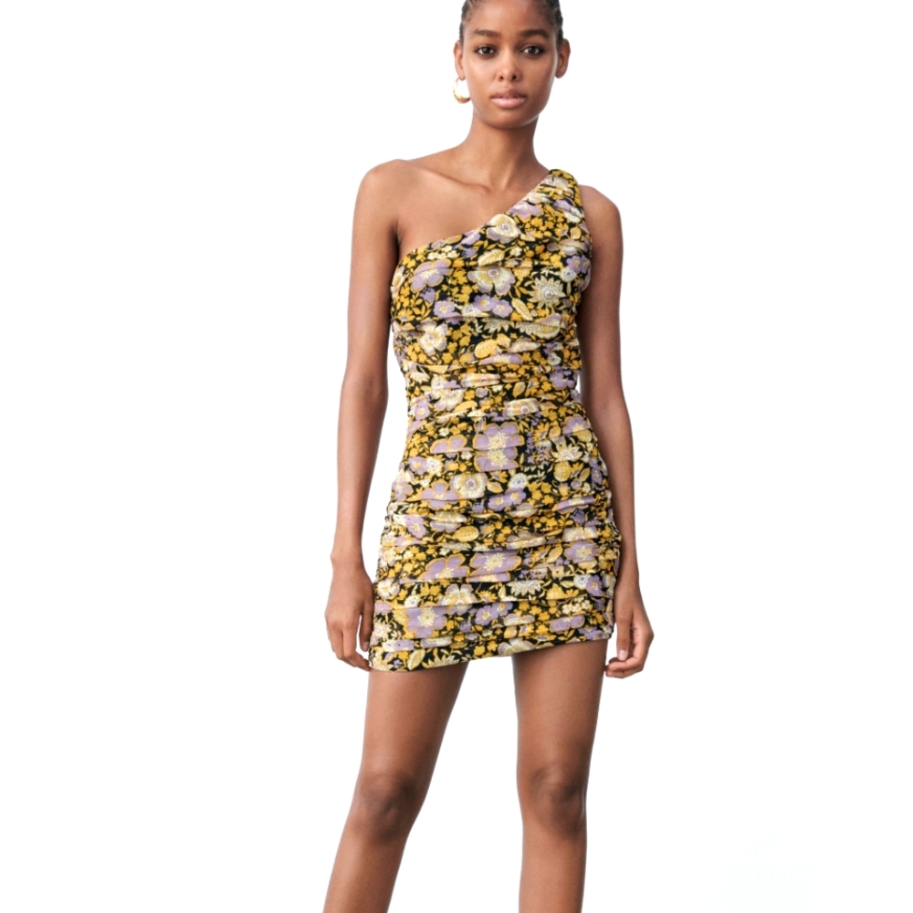 NWT, ZARA One Shoulder Ruched Mini Dress